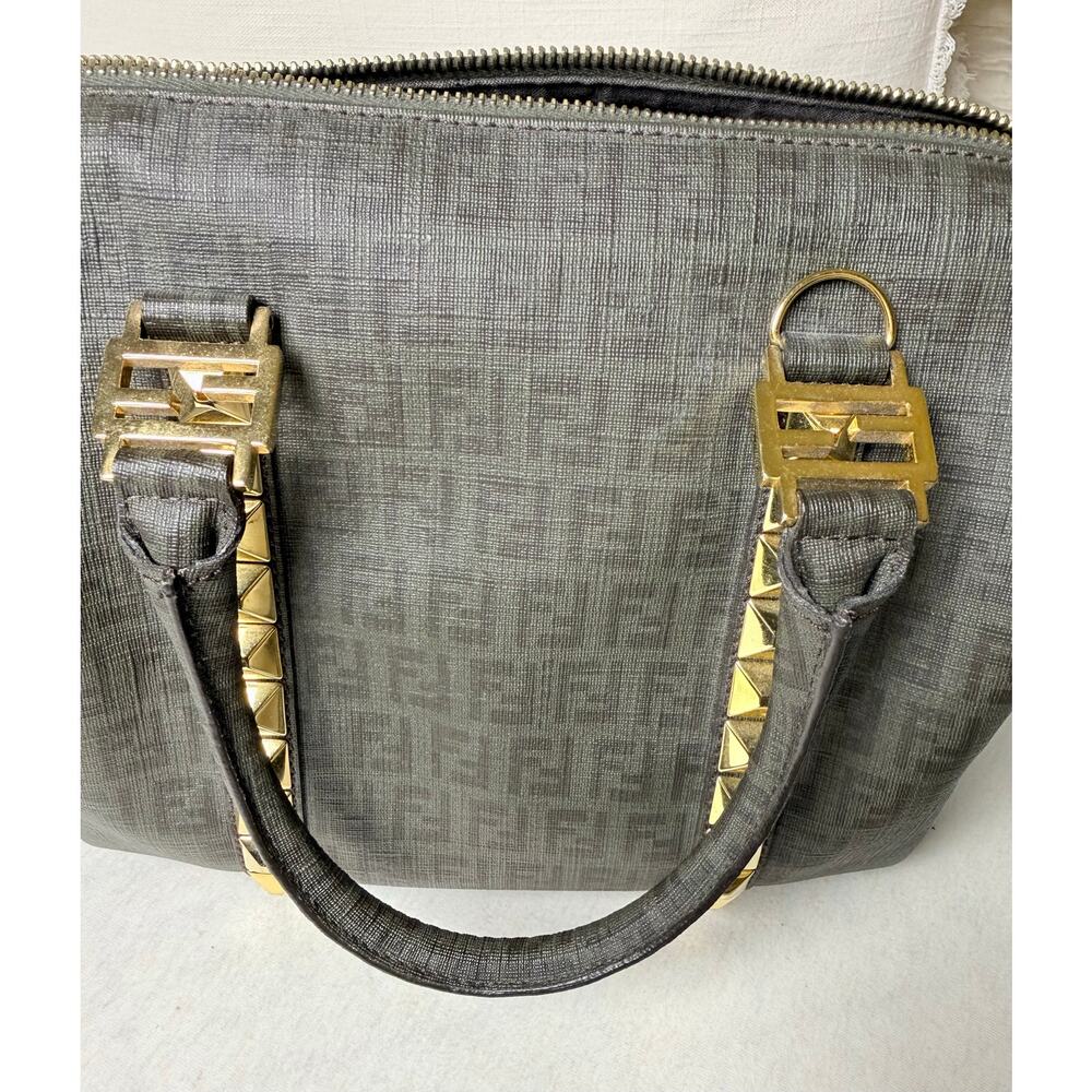 Authentic Fendi Zucca Studded Forever Bauletto Boston Bag Grey Spalmati Canvas - Picture 12 of 14